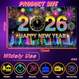 Neon Happy New Year 2026 Glow Banner 71x43 Inch Party Backdrop Decor
