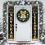 Happy New Year 2026 Porch Banner Black Gold Glitter Clock Front Door Decor