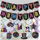 Neon Themed Happy New Year 2026 Banner Hanging Swirls Party Decor