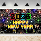 Happy New Year 2026 Neon Banner 70.8x43.3 Colorful Fireworks Party Backdrop