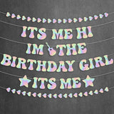 Iridescent Birthday Girl Banner and Heart Garland Set for Women Party Decorations
