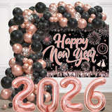 New Year 2026 Balloon Arch Kit Rose Gold Black Balloons with Number Foil Decor