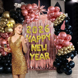New Year 2026 Balloon Garland Arch Kit Rose Gold Black and Gold Balloons
