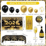 78 Pcs Black Gold New Year 2026 Decorations Kit Banner Balloon Arch and Backdrop