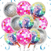 12 Pcs 22 Inch Disco Balloons Pink Silver 4D Party Decorations 70s 90s