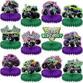 12 Pieces Green and Purple Monster Truck Table Centerpieces Honeycomb Party Decorations for Kids
