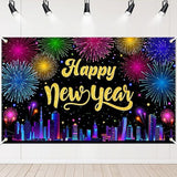 2026 Happy New Year Banner Multicolor Fireworks Cityscape Backdrop for NYE Party