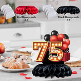 8pcs 75th Birthday Table Decorations Red and Black Honeycomb Centerpieces