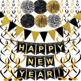 Black & Gold Happy New Year Party Decoration Set