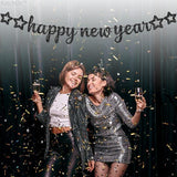 Glitter Happy New Year Black Banner 10 Feet New Years Eve Party Decor 2026