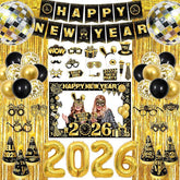 New Year Party Supplies Kit 2026 with Banner Balloons Hats and Photo Props
