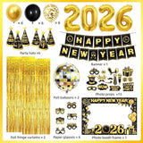 New Year Party Supplies Kit 2026 with Banner Balloons Hats and Photo Props