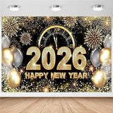 Happy New Year Backdrop 2026 Black and Gold 7x5ft Party Banner and Deco