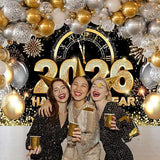 Happy New Year Backdrop 2026 Black and Gold 7x5ft Party Banner and Deco