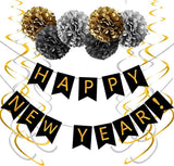 Gold Black Happy New Year Banner 2026 NYE Party Decorations and Supplies