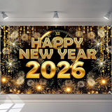 2026 Happy New Year Banner Backdrop Firework Pattern for NYE Party Decor