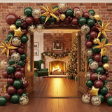 Winter Christmas Balloon Garland with Maroon Green Gold Balloons and Snowflakes