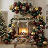 Winter Christmas Balloon Garland with Maroon Green Gold Balloons and Snowflakes