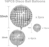 Metallic Silver Disco Ball Balloons, 70s Party Decorations, Set of 16