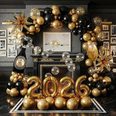 Happy New Year Eve Balloon Garland Arch Kit Black Gold with Foil Balloons 2026