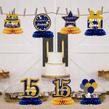 Happy 15th Birthday Blue Gold Honeycomb Table Centerpieces Decorations for Boys