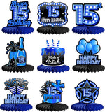 Happy 15th Birthday Blue Neon Honeycomb Table Centerpieces Decorations for Boys and Girls