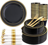 350 Pcs Black Gold Plates Cups Napkins Silverware Disposable Tableware Set