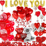 54 Pcs I Love You Heart Balloons with 1000 Silk Rose Petals and Bear for Valentines Day Wedding Party