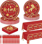 122 Pcs Chinese New Year 2026 Disposable Plates Napkins Forks Tableware For Party