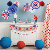 Patriotic Decor Set: USA Banner, Red White Blue Fans, Pom Poms
