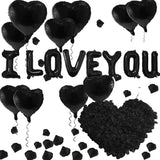 I Love You Heart Balloons with 500 Black Rose Petals Black Foil Love Balloons for Valentines Party