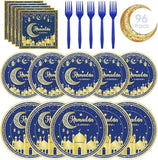 96 Piece Ramadan Plates Napkins Forks Set Blue Gold Eid Mubarak Tableware 24 Guests