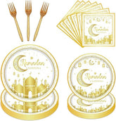 96 Piece Ramadan Eid Mubarak Tableware Set Plates Napkins Forks White Gold 24 Guests