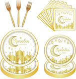 96 Piece Ramadan Eid Mubarak Tableware Set Plates Napkins Forks White Gold 24 Guests