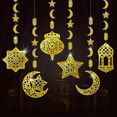 12 Piece Ramadan Mubarak Hanging Decorations Golden Star Moon Lanterns Reusable Party Decor