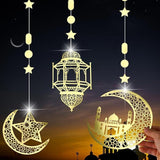 8 Pcs Eid Hanging Decorations Pre Strung Garland Star Moon Lantern Gold Party Decor