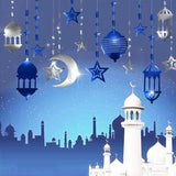 Silver Blue Ramadan Decorations Star Moon Lantern Garland Eid Mubarak Banner