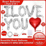 I LOVE YOU Balloons: 10-Piece Silver Letter & Red Heart Valentine's Day Decor