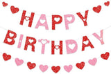 Happy Birthday Banner Red Pink Galentine Glitter Heart Party Decor