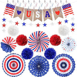 Patriotic Decor Set: USA Banner, Red White Blue Fans, Pom Poms