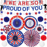 Patriotic Decor Set: 'Proud of You' Banner, Red White Blue Fans, Pom Poms