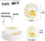 50 Piece Eid Mubarak Plates and Napkins Set White Gold Ramadan Party Supplies