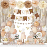 Neutral Birthday Decorations Balloons Banner Fringe Curtain Pompoms Butterfly Party