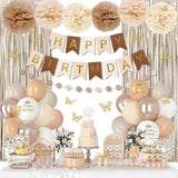 Neutral Birthday Decorations Balloons Banner Fringe Curtain Pompoms Butterfly Party