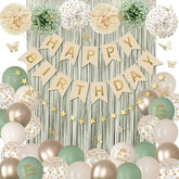 Sage Green Birthday Decorations Balloons Banner Fringe Curtain Pompoms Butterfly Party