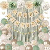 Sage Green Birthday Decorations Balloons Banner Fringe Curtain Pompoms Butterfly Party