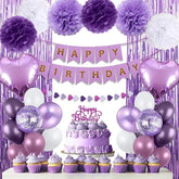 Purple Birthday Decorations Banner Balloons Fringe Curtains Pompoms Heart Garland Party