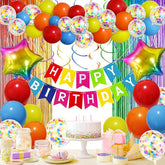 Rainbow Birthday Party Decorations Pack Banner Balloons Confetti Fringe Curtain Foil Balloons