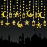 Gold Star Moon Lantern Ramadan Garland Hanging Banner Eid Mubarak Home Decor