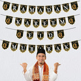 4pcs 2 in 1 Ramadan Eid Mubarak Banner Black Gold Hanging Garland Home Decor